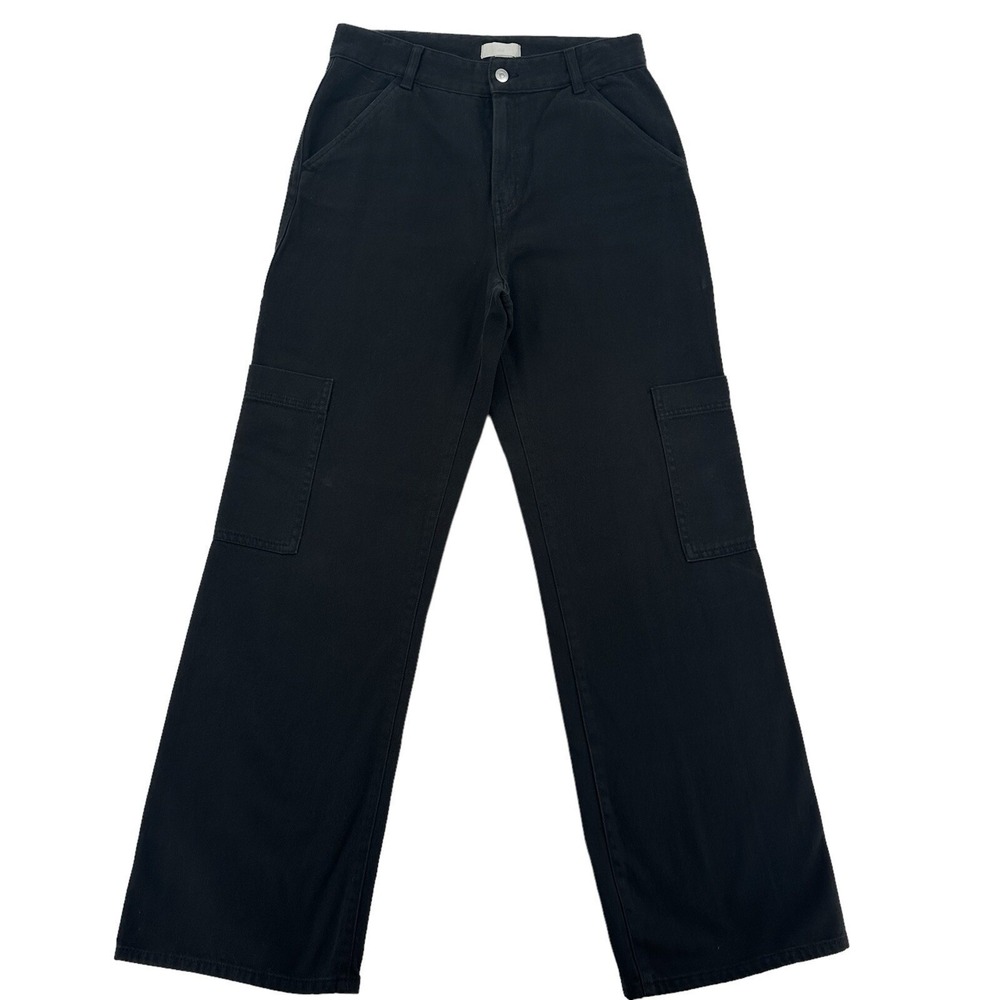 H&M Black Denim Carpenter Pants High Rise Wide Leg Utility Cargo Women Size 8